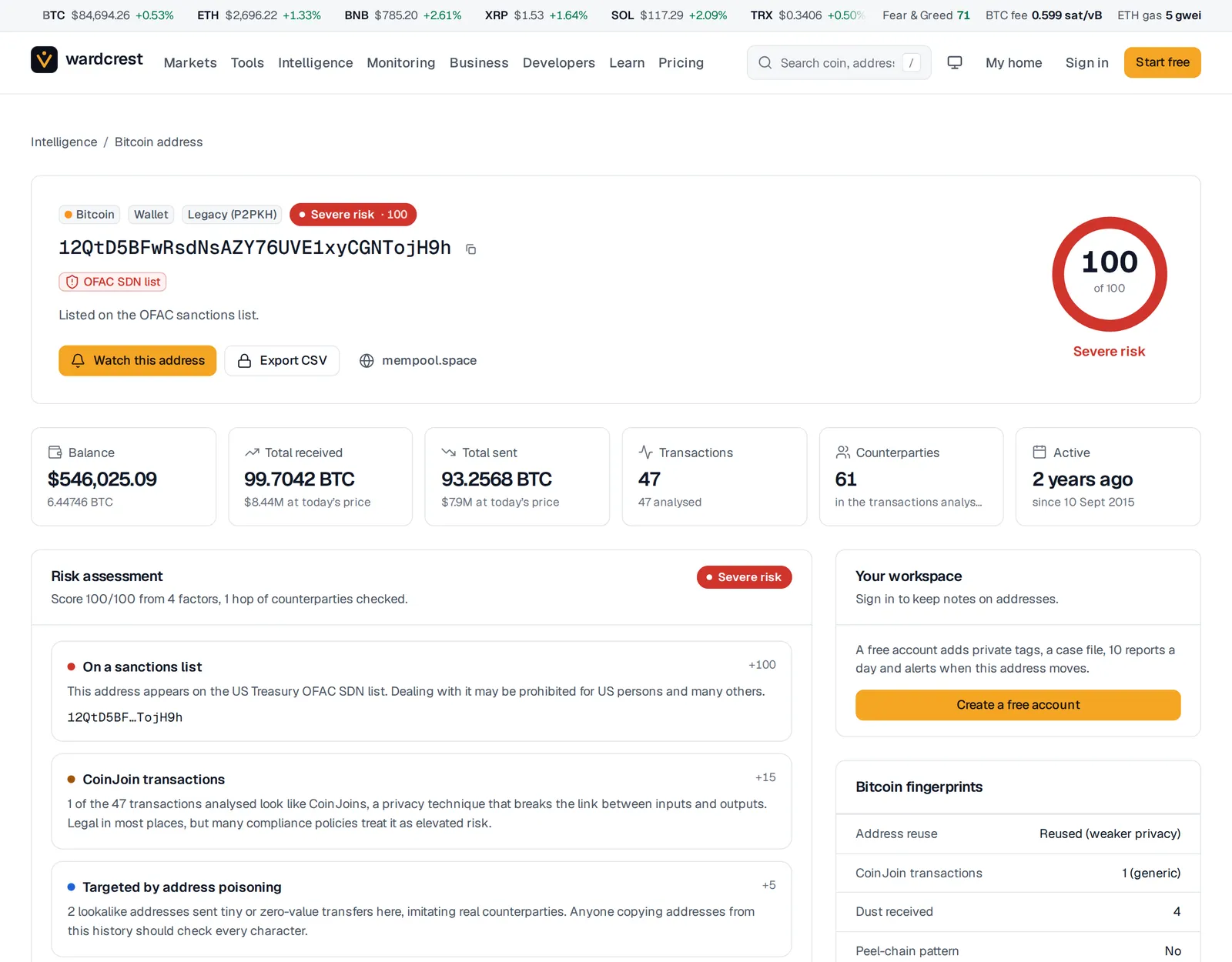 An address report for a Bitcoin address on the OFAC sanctions list: a severe risk score of 100 out of 100, the balance, totals received and sent, transaction and counterparty counts, and the risk factors behind the score, starting with the sanctions listing.
