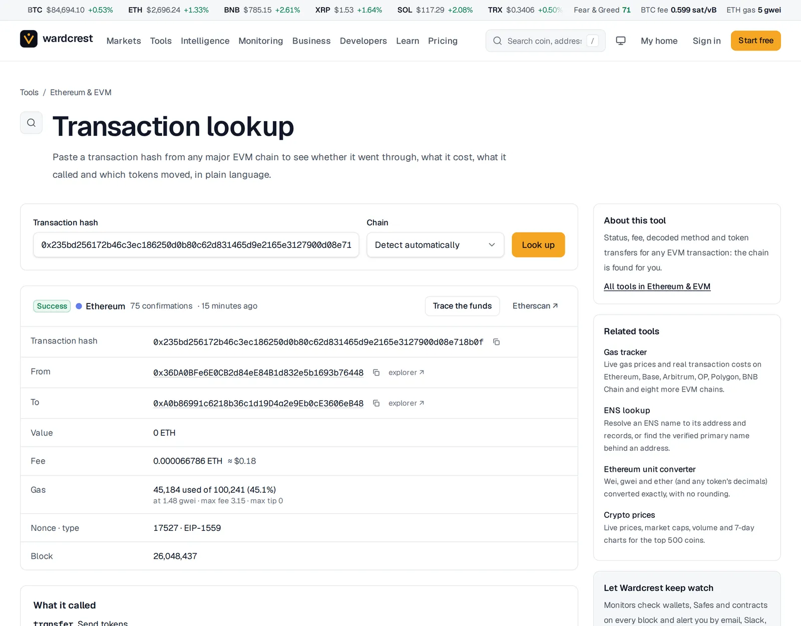 The transaction lookup for an Ethereum transaction: marked Success with its confirmations, then the hash, sender, receiving contract, value, the fee in ETH and dollars, gas used against the limit, nonce and block.